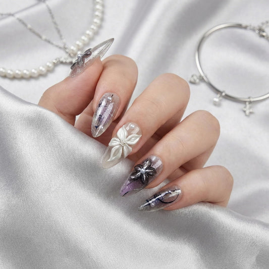 Almond Press on Nails Long Fake Nails Silver Artificial Nail SEENEEY Pearl 3D Flowers Designs Stars Moon Stick on Nail for Women 24pcs