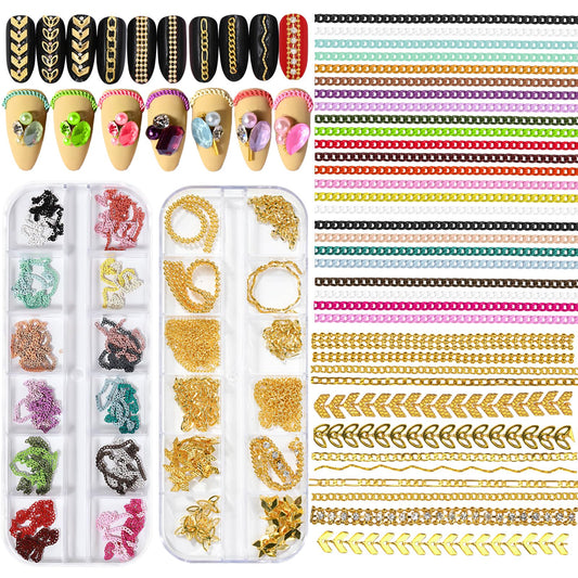JERCLITY 2 Boxes - 36 Strips Multi-Color and Gold Metal 3D Nail Chains for Nail Art - Punk Nail Charms, Colorful Chains for Nails