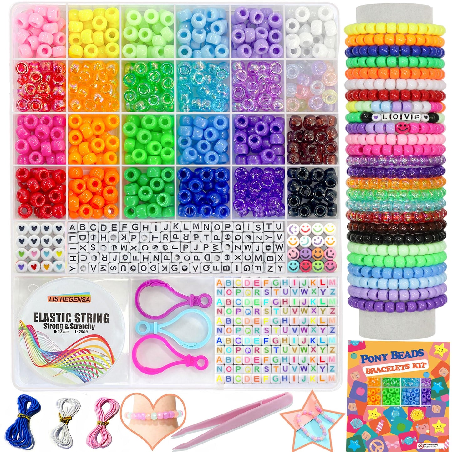 LIS HEGENSA Pony Beads Bulk,Kandi Beads for Necklace Jewelry Making Hair Braiding,Bracelets Making Kits,Hair Bead,Bracelet Plastic Bead for Crafts Braids Girls(24 Color,1000PCS)