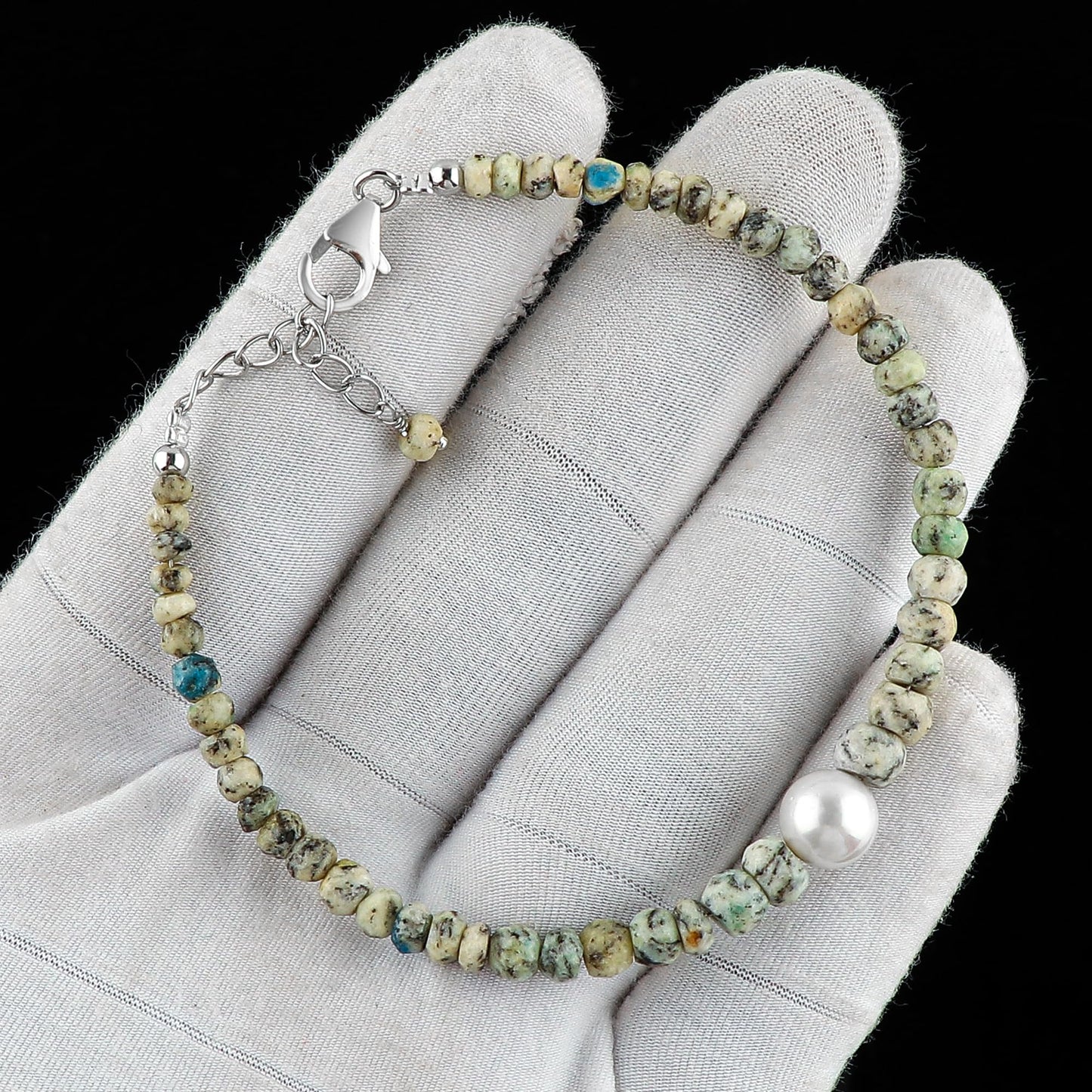 CRYSTALIS Natural K2 Jasper Beads Adjustable Bracelet with Elegant Pearl, High Grade Gemstones, Chakra Healing Stones, Gift Giving Jewelry, 925 Sterling Silver Womens Bracelet 8 inch
