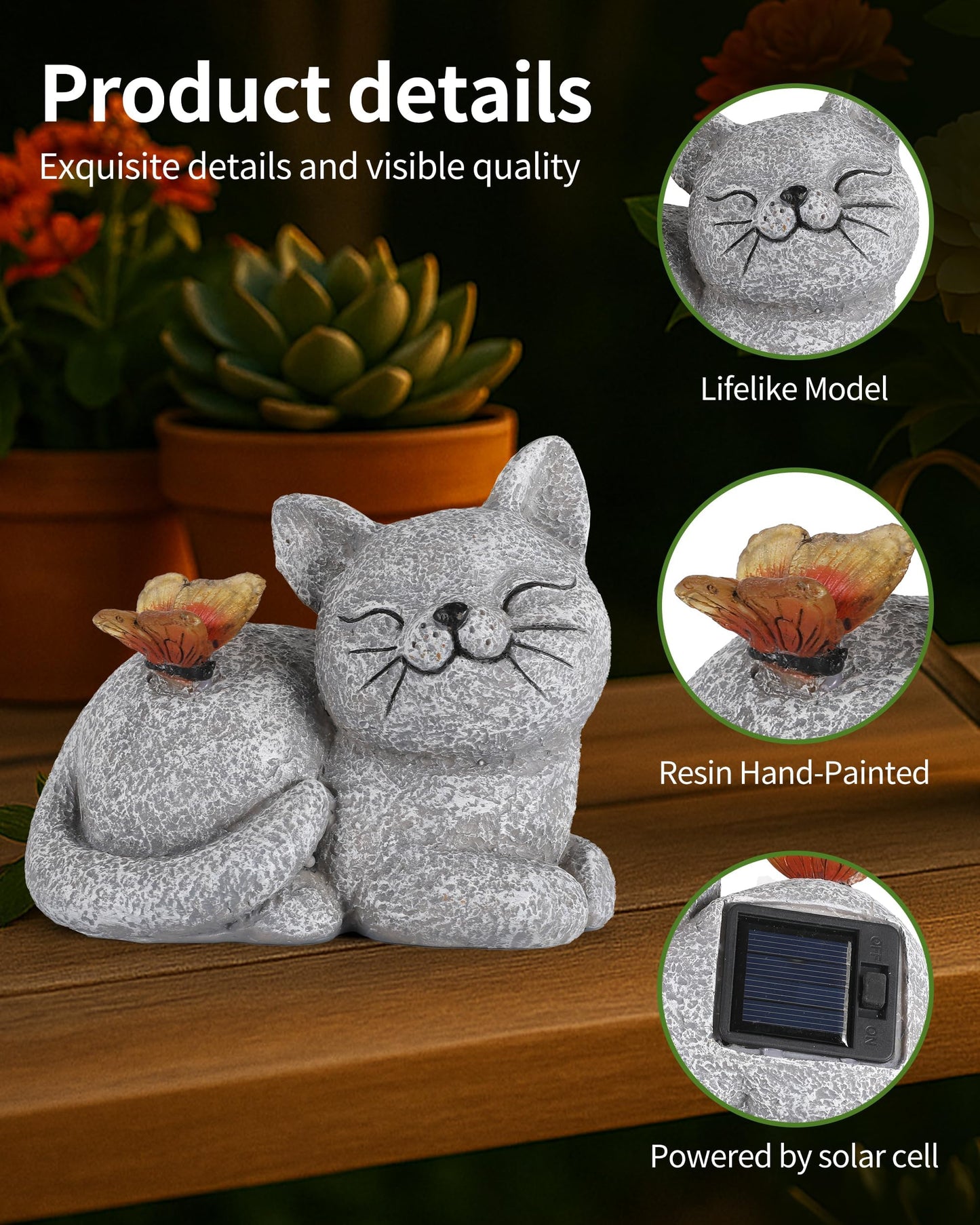 GoGnome Solar Cat Garden Statue with Butterfly Light – 5-Inch Outdoor Resin Figurine for Yard, Patio, Balcony – Gifts for Women, Garden Decor Accent (Cat)