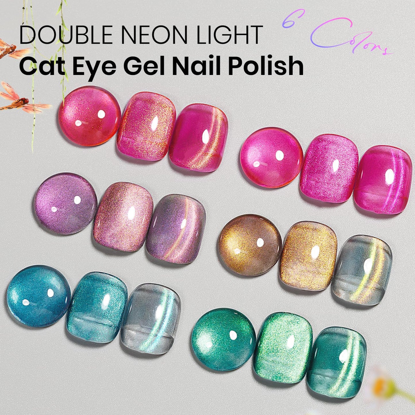 MIZHSE Cat Eye Gel Polish Set, 6 Colors Holographic Magnetic Gel Polish Set with Magnet Stick, Glitter Pink Green Blue Purple Magnetic French Nails Nail Polish Kit Gift Set for Women