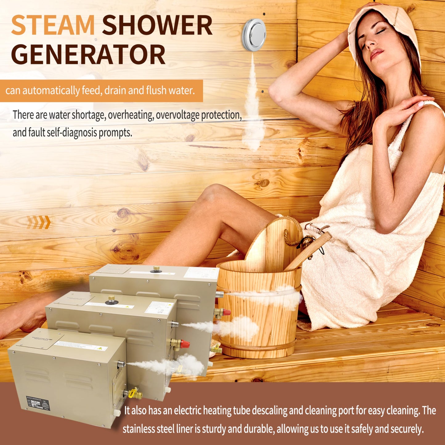 JJFFTAO,Steam shower generator,15kw Household-Commercial,Steam shower generator kit,with self-draining system,Temperature adjustable 95-131°F,Applicable space 420～560ft3