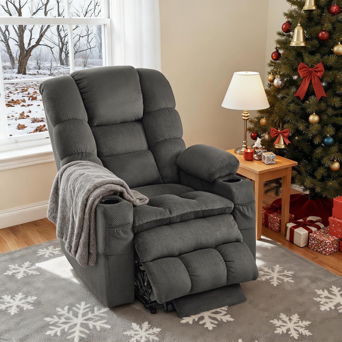 MCombo Large Triple Motor Power Lift Recliner Chair with Massage and Dual Heating, Adjustable Headrest for Tall Elderly People, Fabric 7634 (Grey, Large)