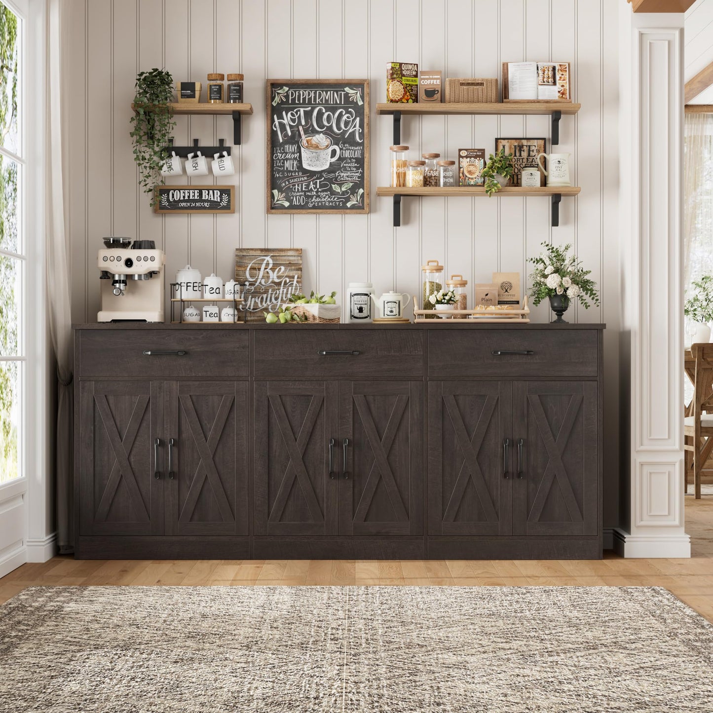 HOSTACK 71" Large Sideboard Buffet Cabinet with Storage, Farmhouse Coffee Bar Cabinet with 3 Drawers, Long Kitchen Buffet Table, Kitchen Sideboard Storage Cabinet for Dining, Living Room, Dark Brown