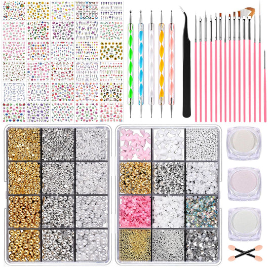 GZMAYUEN Nail Decoration Kits, Nail Art Brushes Set, Nail Charms, Nail Art Dotting Pens, Flowder Nail Stickers, Rhinestones For Nails