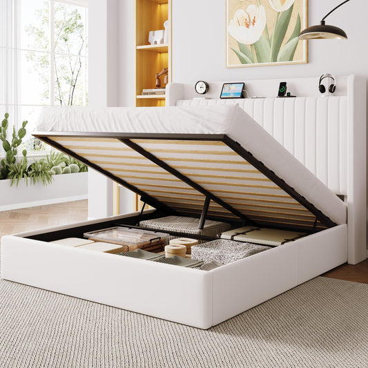 Allewie Queen Size Lift Up Storage Bed Frame,Storage Shelf Headboard with Charging Station,Type-C and USB Ports,Hydraulic Support,Velvet Upholstered Bed Frame,No Box Spring Needed,White