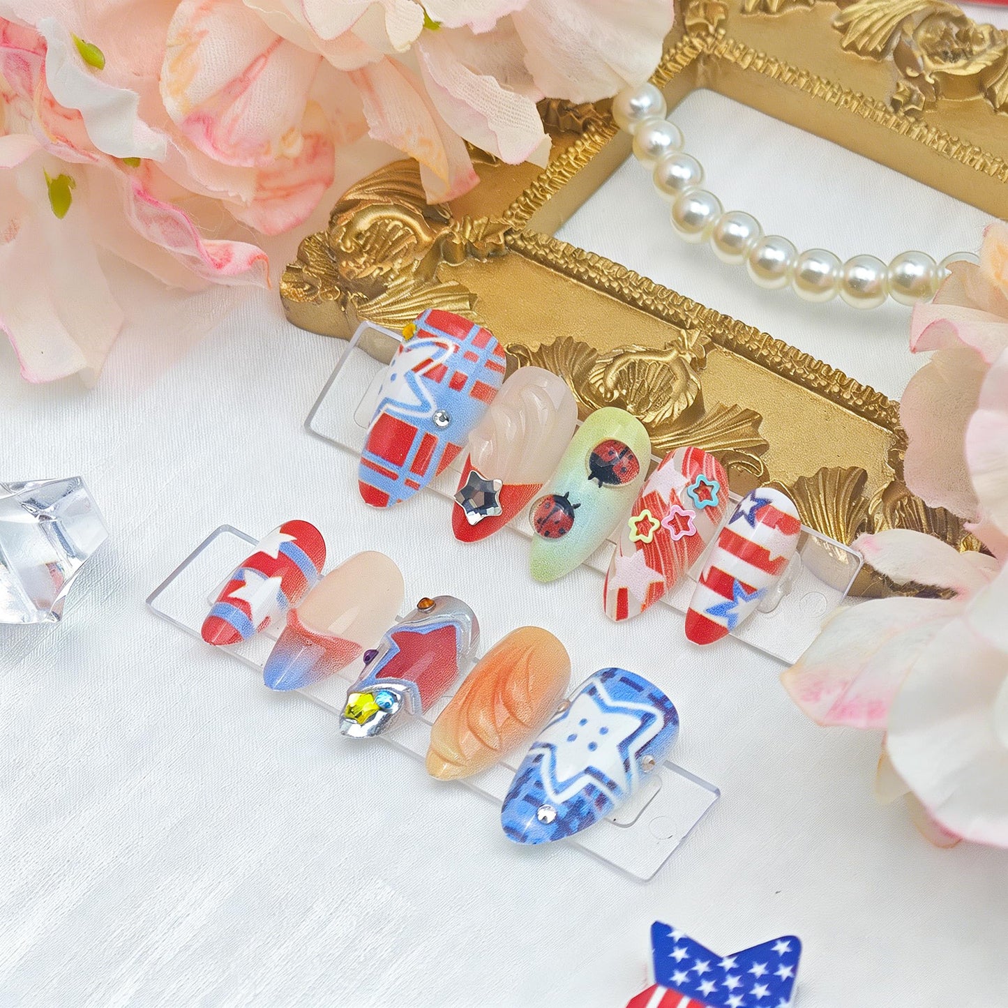 24Pcs 4th of July Press on Nails Medium Almond French Tip Fake Nails American Flag with Red White Blue Press Ons Cute Y2k Design Independence Day False Nails Patriotic Glue on Nails for Women Acrylic