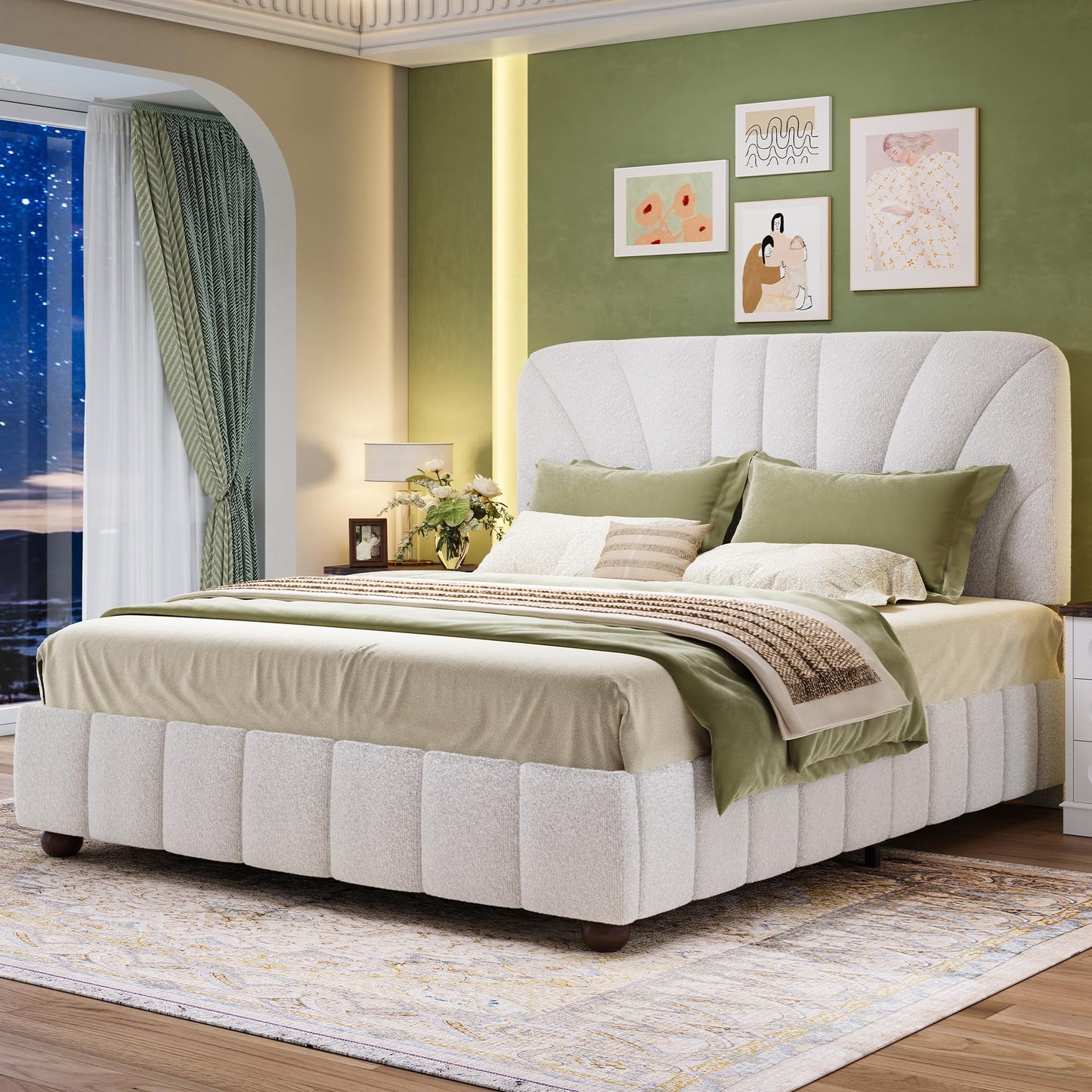 Queen Size Boucle Bed Frame Upholstered Bed Frame Queen with Adjustable Headboard, Solid Wood Slats Support, Bed for Bedroom Apartment, Dorm, No Box Spring Needed, Easy Assembly, Noise-Free, Cream