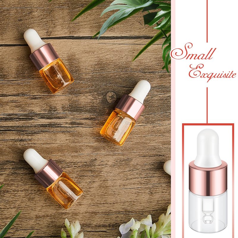 Didaey 100 Pcs 2 ml Mini Glass Oil Dropper Bottle Bulk, Clear Essential Small Empty Bottles Sample Containers Perfume Liquid Vials with Cap for Traveling(2 ml, Rose Gold)