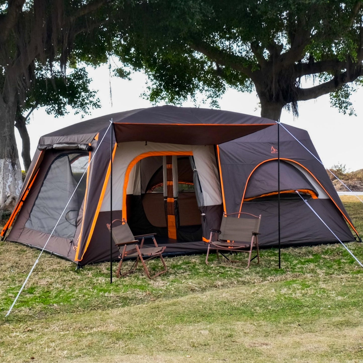 KTT Extra Large Tent 12 Person,Full Rainfly,2 Bay-Windows,Family Cabin Tent,14'Lx10'Wx6.58'H,2 Rooms and 3 Doors 3 Windows with Mesh,Waterproof,Straight Wall,Big Tent for Outdoor,Picnic,Camping