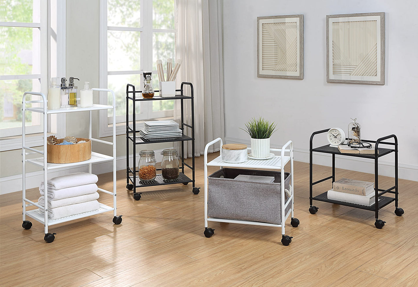 SunnyPoint 3-Tier Rolling Utility Cart – Metal Storage Organizer with Wheels, Mobile Kitchen Cart, Office & Home Organizer, Black, 12" D x 16.92" W x 31.1" H