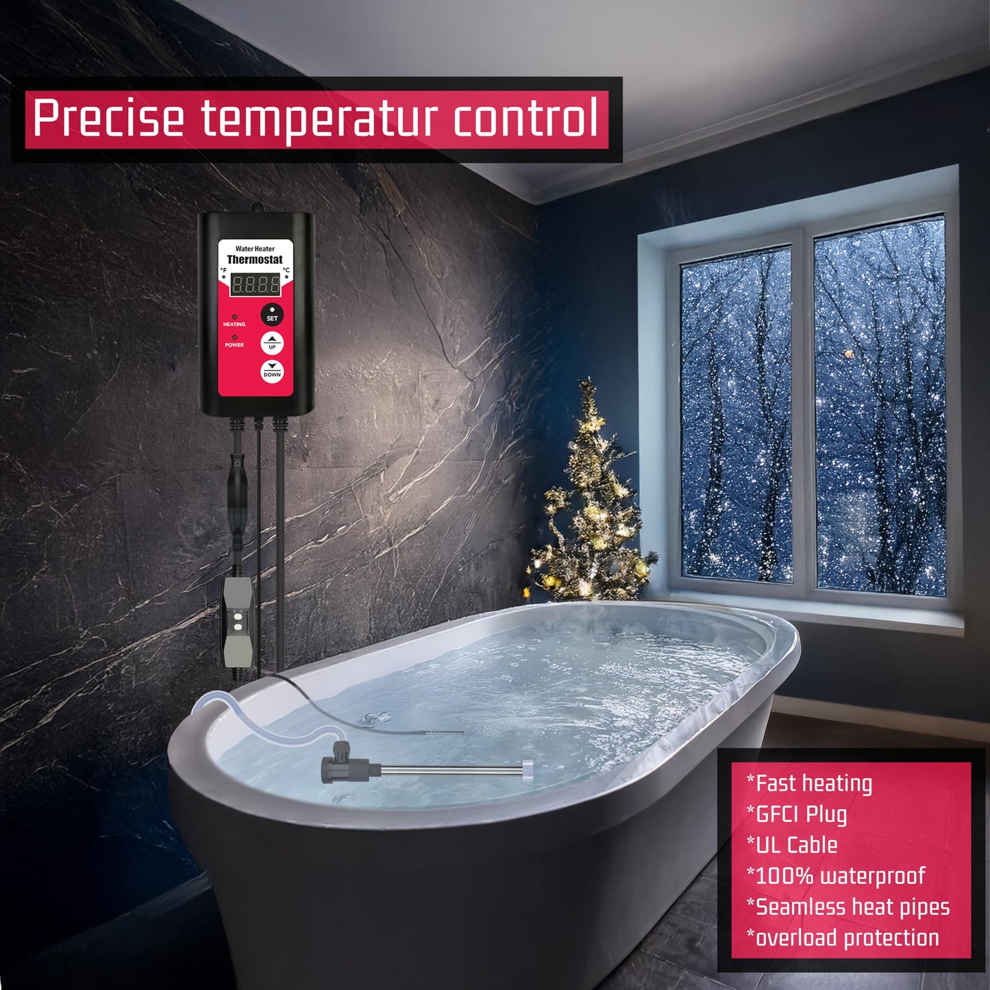 YLboyLIAN 1300W Immersion Water Heater Portable Electric Buckets & Hot Tub Fully Submersible Water Heater with Temp Control and GFCI for baptistry, Bathtub, Pools, Buckets - Easy to use