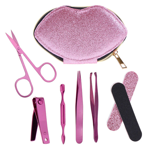 8pc On-The-Go Grooming Kit – Premium Manicure & Pedicure Set for Nails, Brows & Beyond – Complete Travel Grooming Tools with Pink Glitter Lip Case