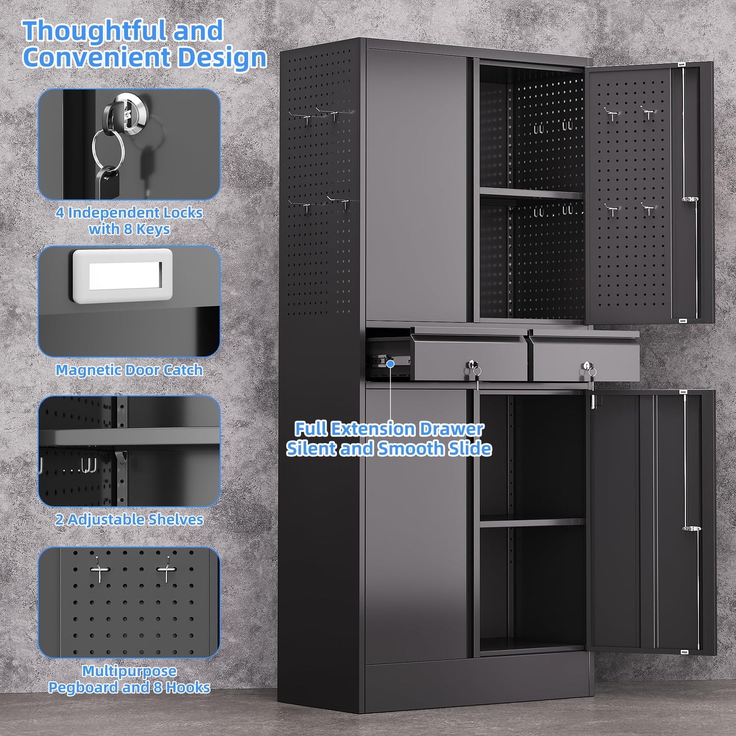 JAORD Metal Storage Cabinet with 2 Drawers and Pegboard, Garage Storage Cabinet with Locking Doors and 2 Adjustable Shelves, 71" H Steel Cabinets for Garage, Home, Office, School, Black