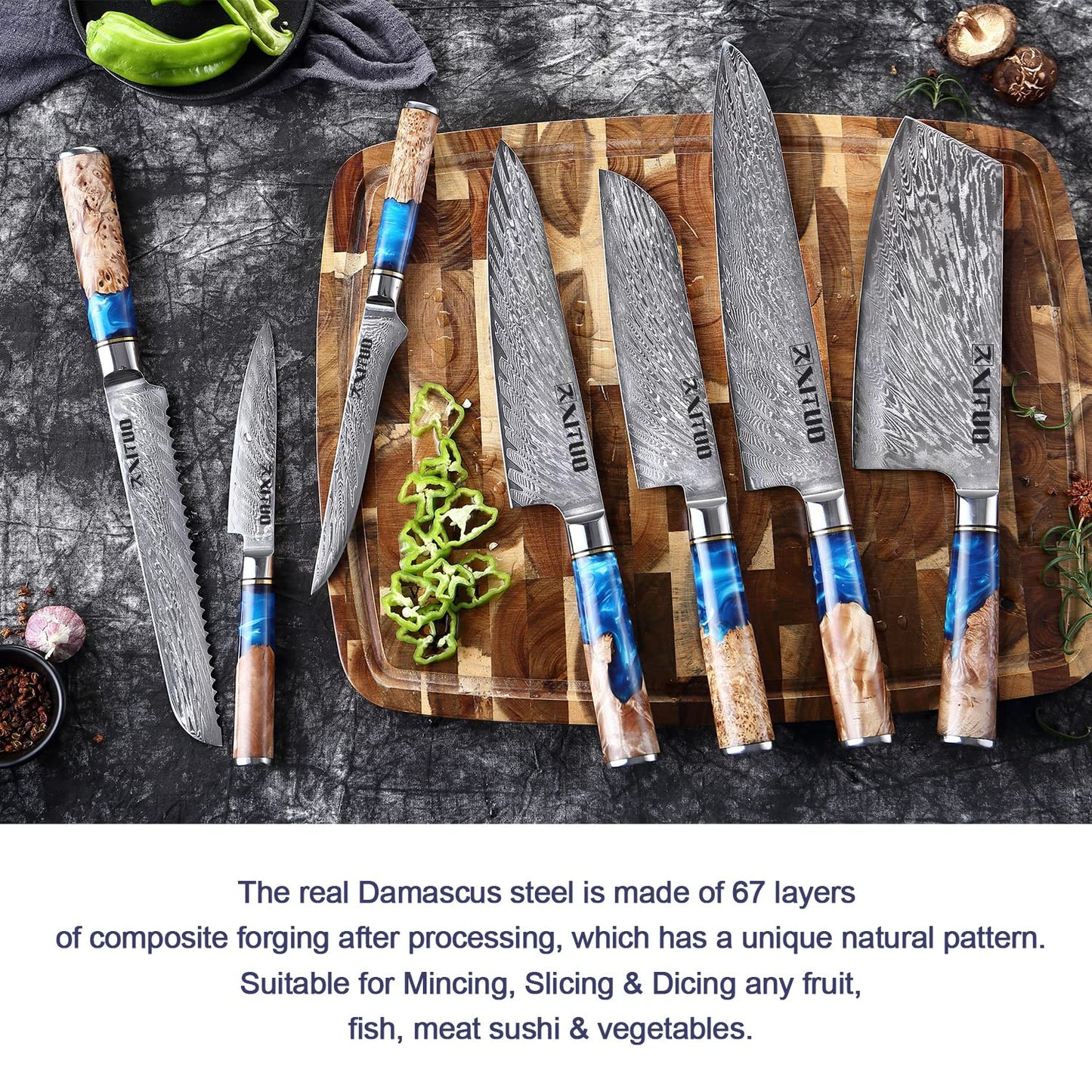 XT XITUO Kitchen Chef Knife Set 7 Piece, Chef Knife, 8'' Bread Knife, 7''Santoku knife Damascus Steel-VG10 Blue Resin Wood Handle -Gift Box - w/knife Sheath (7PC Chef Knife Set)