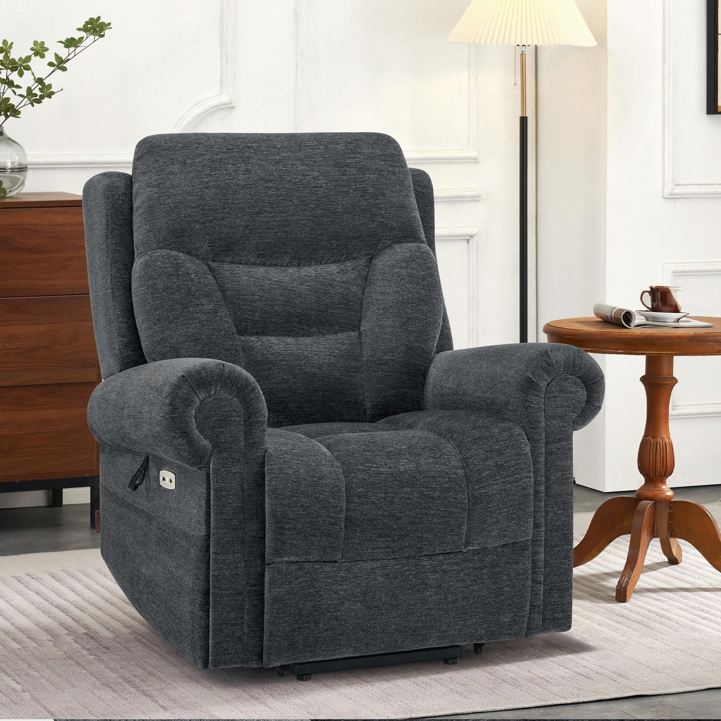 MCombo Triple Motor Power Lift Recliner Chair with Massage and Lumbar&seat Heating, Rolled Arms, Adjustable Headrest for Elderly People, Fabric 7888 (Dark Grey, Medium)