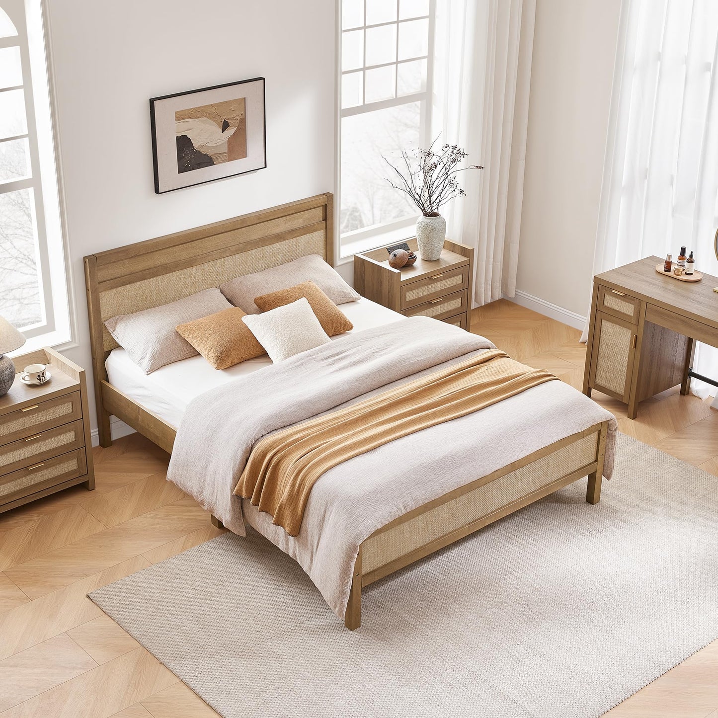 SICOTAS Rattan Queen Bed Frame with Tall Headboard, 15 Inch Natural Solid Wood Platform Bed Boho Bedframe with Wooden Slats Support & Under Bed Storage, Noise Free, Easy Assembly, Oak