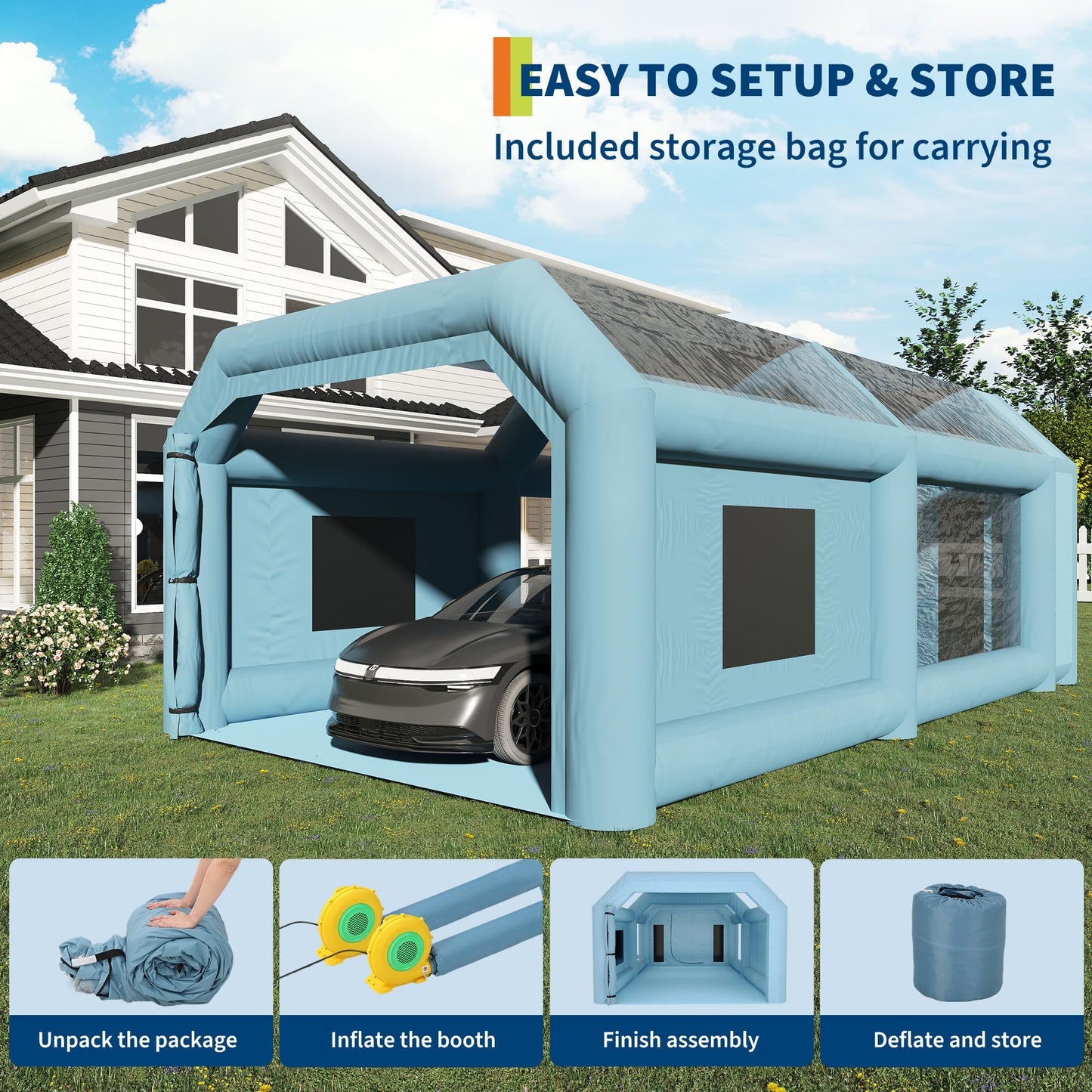 28x15x10 FT Inflatable Paint Booth, 950+950W Dual Powerful Blowers Spray Booth Tent, Large Car Painting Tent for DIY Spray Car Motorcycle Garage Furniture Part Painting, Blue