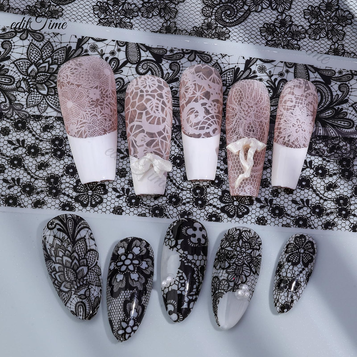 Lace Nail Foil Transfer Sheets, 15 Rolls Black White Flower Nail Art Transfer Foils Decals, Flower Nail Art Foils Decals Holographic Foils for Nails Manicure DIY Nails Decoration (10White+5Black)