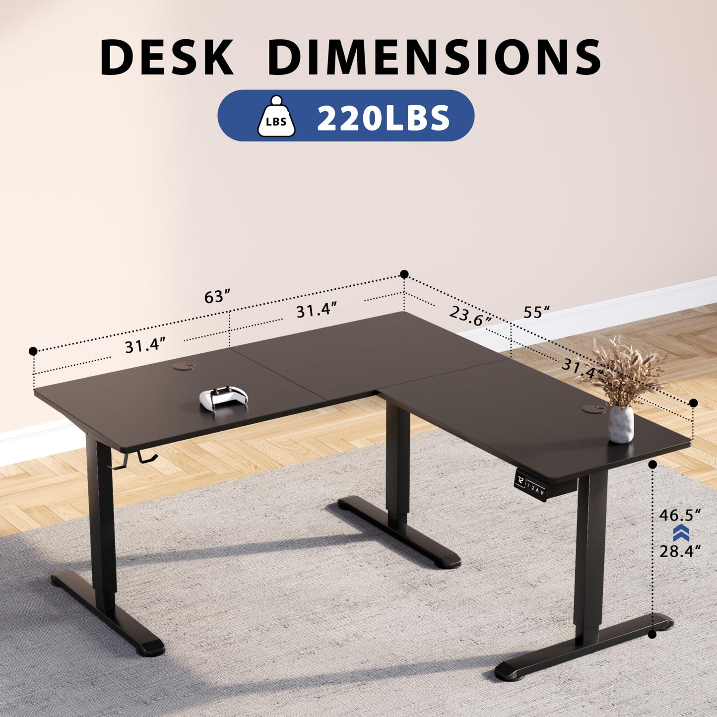 Shahoo L-Shaped Electric Standing Desk, 63 x 55 Inches Height Adjustable Coner Table, Home Office Computer Workstation, Black, 63 x 55 Inch