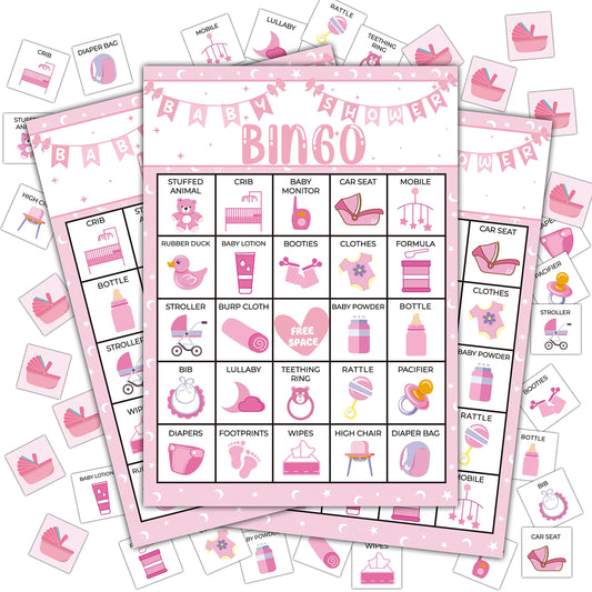 Disfuco Pink Shower Party Bingo Cards, Shower Bingo Game, Shower Party Games for Adults, Gender Reveal Party Games Favors Supplies Decorations, 24 Players Bingo Game (A03)