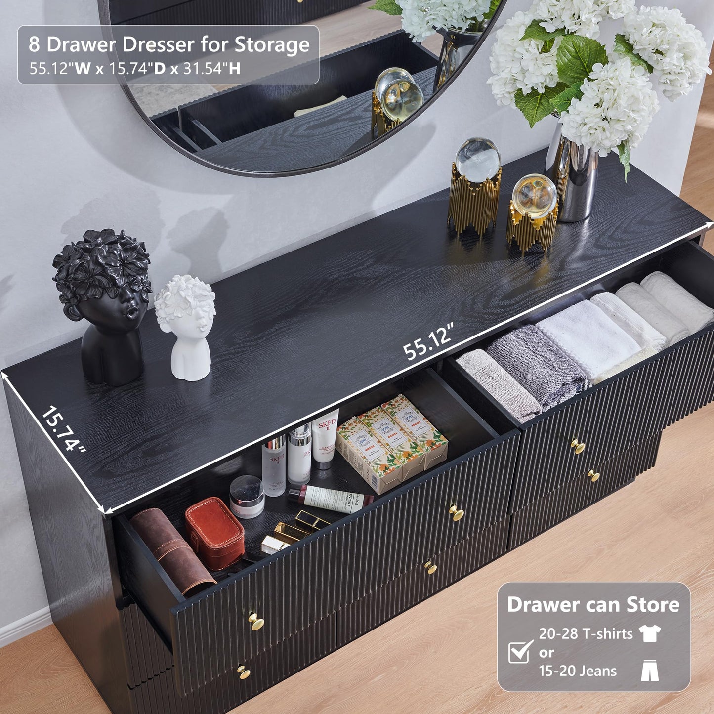 wow97e Fluted Dresser for bedroom, 55"W Black 8 Drawer Dressers, Wood Tall Dresser Storage Organizer, Modern Bedroom Chest of Drawers with Deep Storage for Closet Hallway, Entryway, Living Room Black