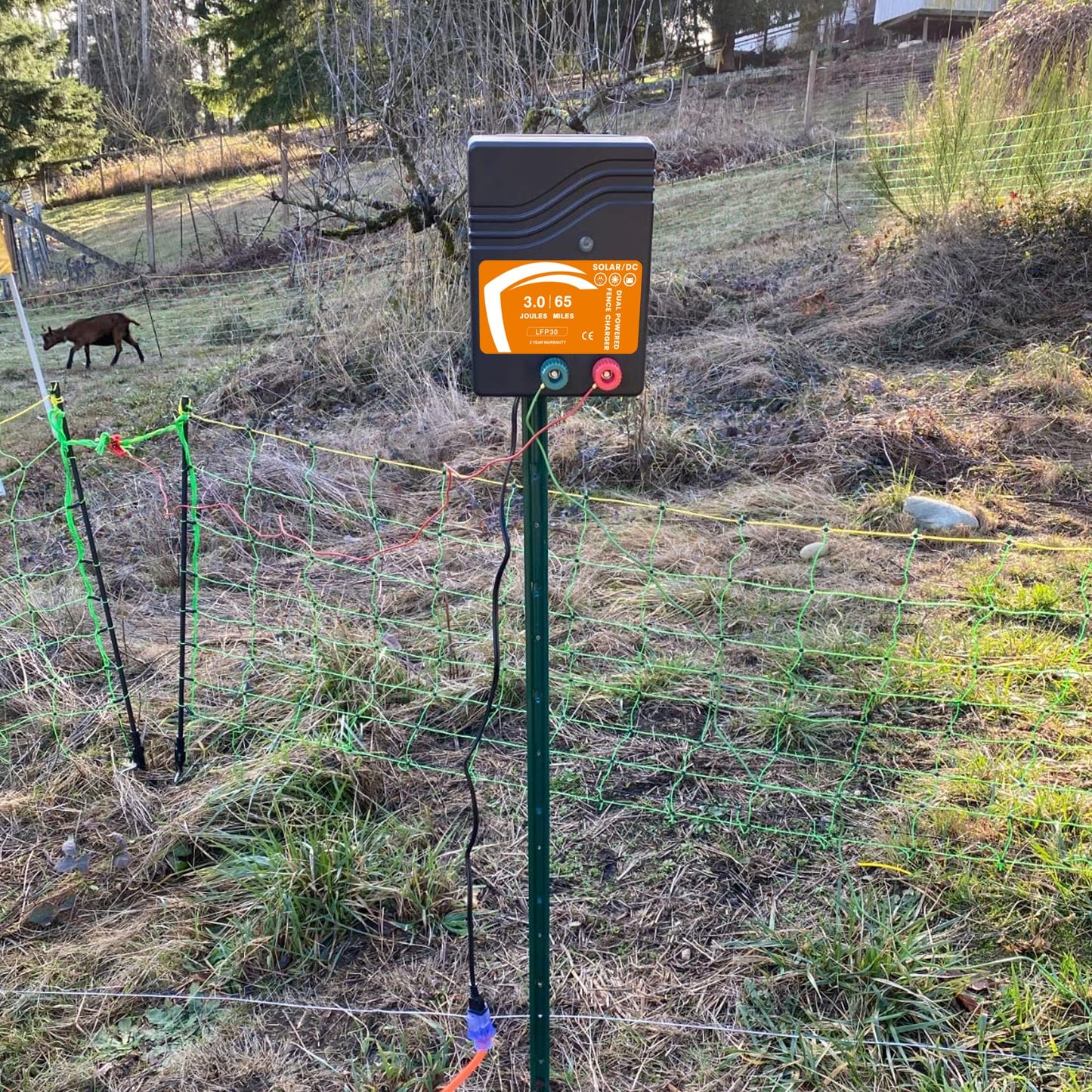 Electric Fence Charger 3 Joule AC DC Solar Powered 65 Miles 200 Acres, Output Voltage Max 10.4 kV, No Adapter Included, for Livestock, Preventing Predators from Intruding