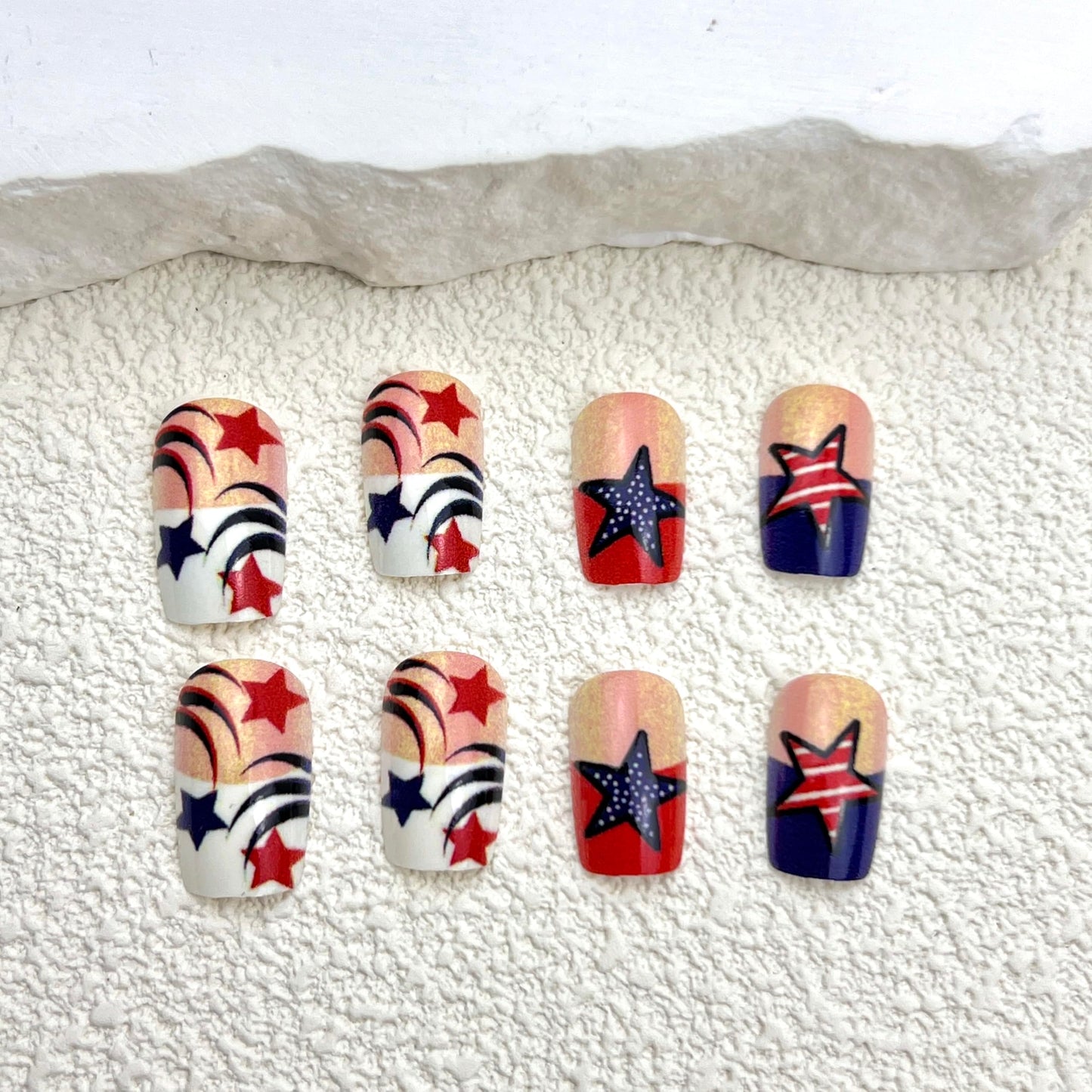 24Pcs 4th of July French Tips Press on Nails Short Square American Flag Star Designs Fake Nails Independence Day Fireworks Acrylic Stick on Nails for Women Girls DIY Manicure Decorations 24Pcs