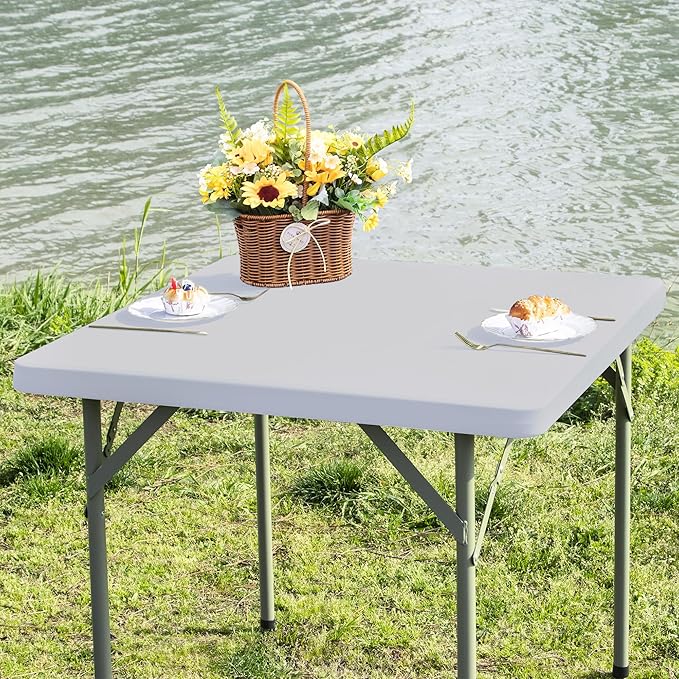 Square Fitted Table Cover Elastic Tablecloth Stretch Spandex Table Topper Cap Cover for Dining Kitchen Home Party Silver 34X34 Inch