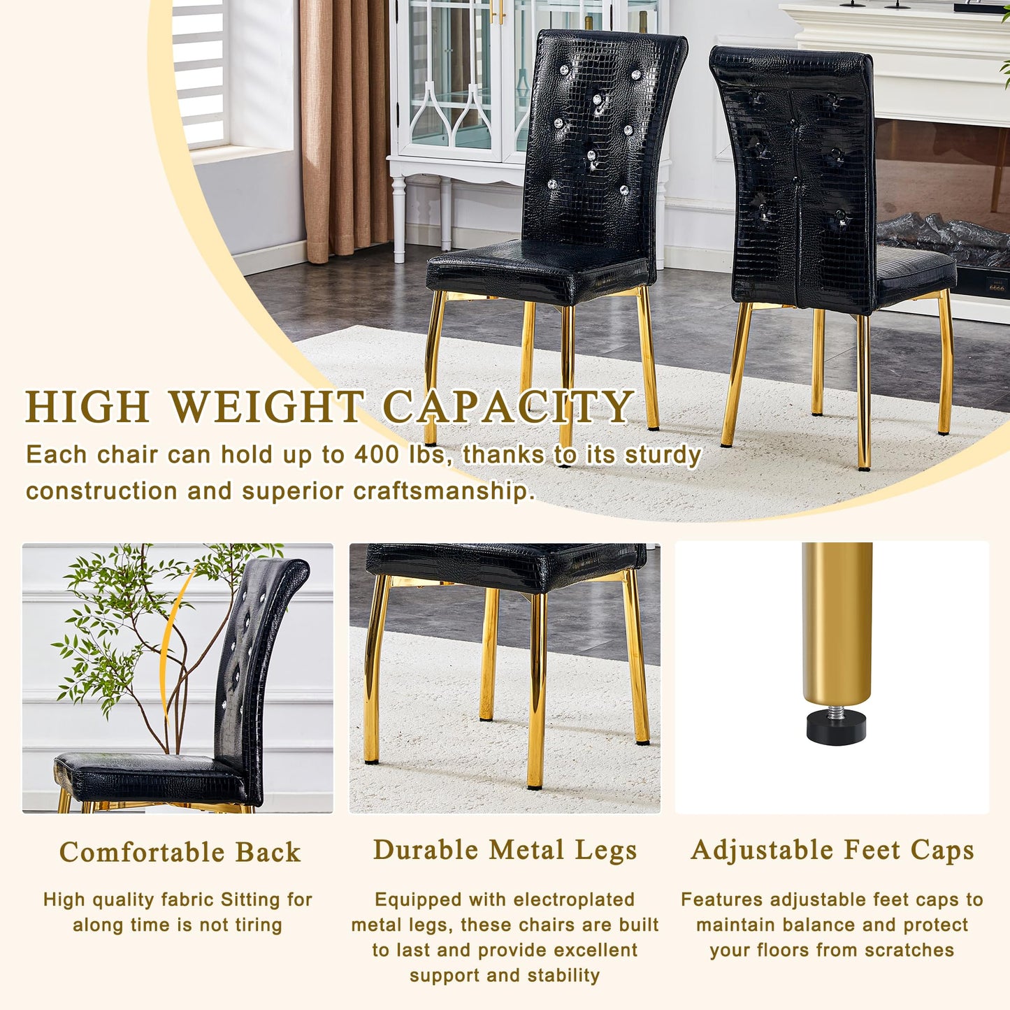 Vohward 71" Tempered Glass Dining Table Set for 6, 7 Piece Glass Dining Room Table Set with 6 Black Upholstered Chairs, Gold Metal Legs Modern Rectangular Kitchen Table and Chairs Set for Home