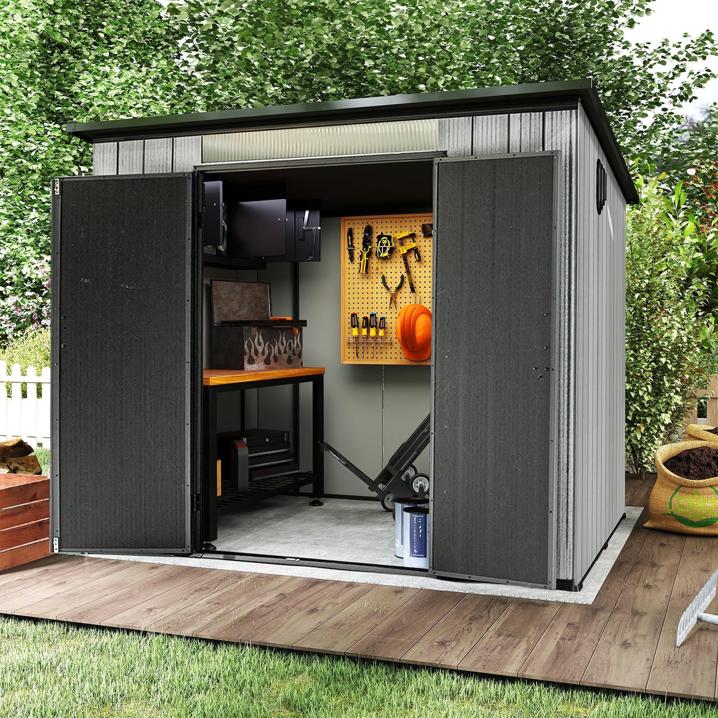 Domi 6x8FT Lean to Resin Shed, Plastic Outdoor Storage Shed with Carpet, Outside Storage Building for Garden Tools, Bike, Lawn Mower, Yard