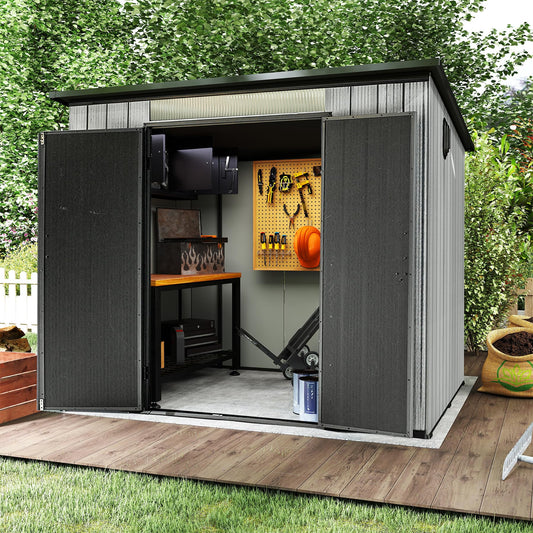 Domi 6x8FT Lean to Resin Shed, Plastic Outdoor Storage Shed with Carpet, Outside Storage Building for Garden Tools, Bike, Lawn Mower, Yard