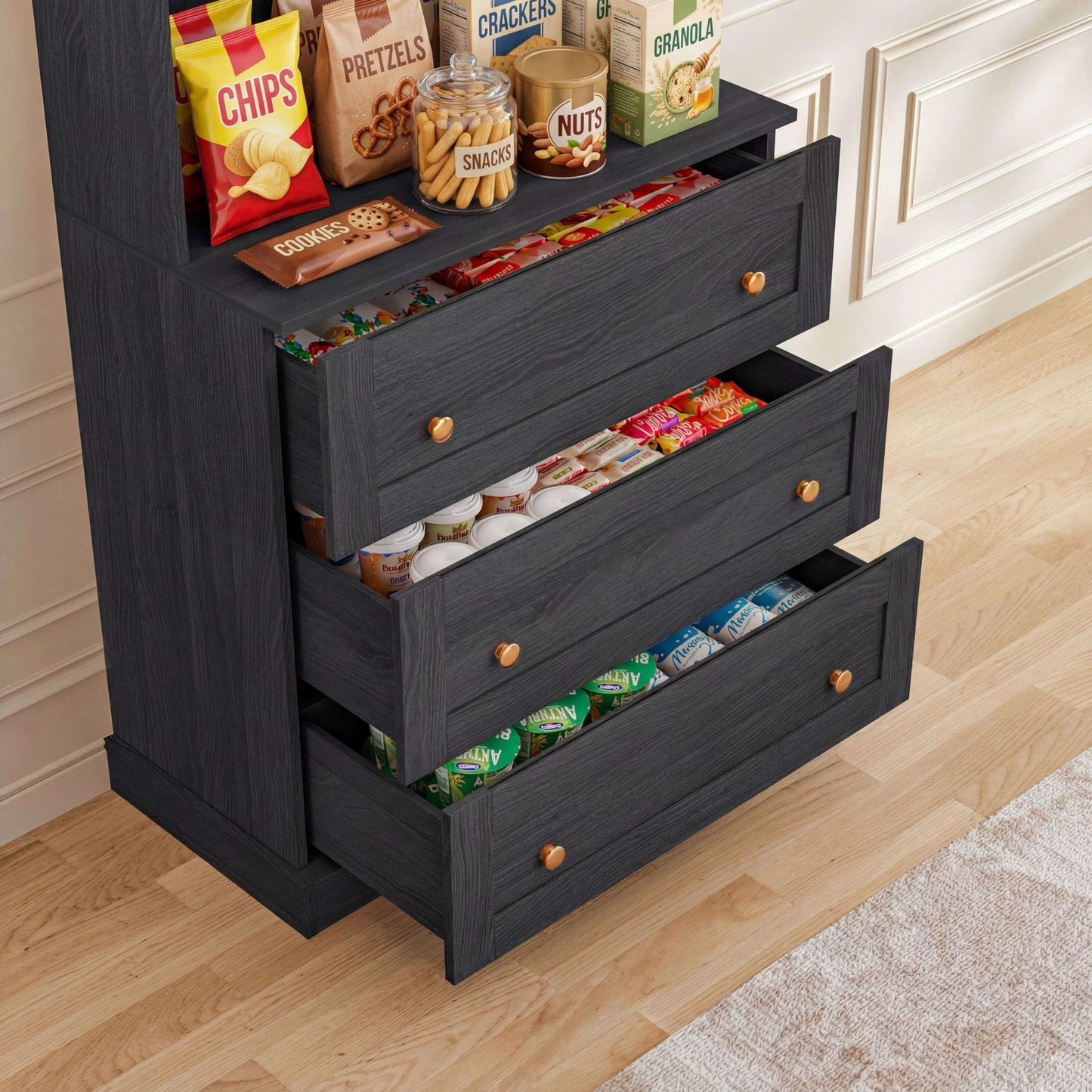 71" Black Farmhouse Kitchen Pantry Cabinet Set of 3— Freestanding Coffee Bar with Glass Doors or Drawers, Microwave Stand, Large Storage Hutch with Adjustable Shelves for Living Room and Kitchen