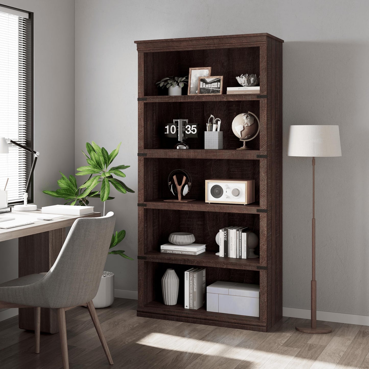 5 Tier Farmhouse Bookcase, 67.4" Tall Book Shelf with Storage, Wooden Bookshelves 5 Shelf Display Shelves for Home Office(67.4" H x 31.5" W x 12.8" D) (Reddish Brown, 67.4" H x 31.5" W x 12.8" D)
