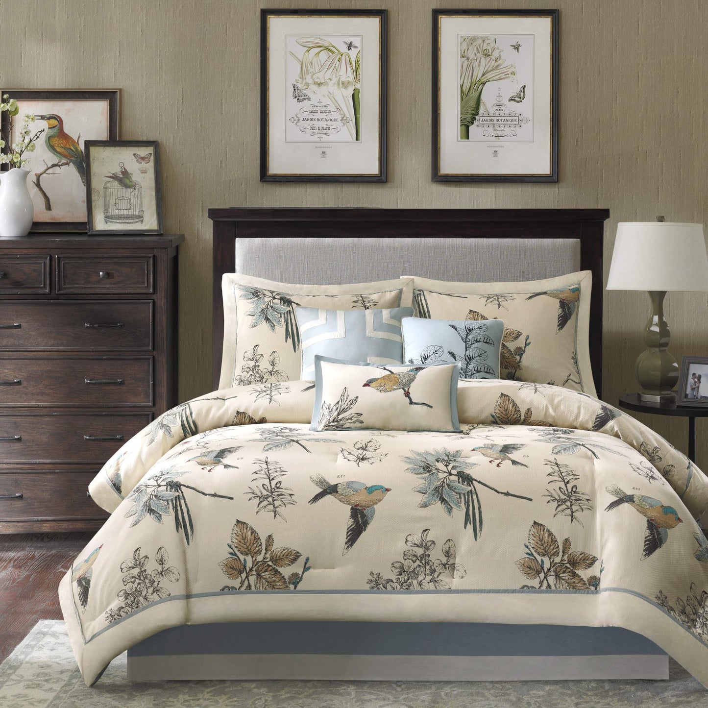 Madison Park Quincy Cozy Comforter Nature Scenery Design - All Season Bedding, Matching Bed Skirt, Decorative Pillows, Quincy, Leaf & Bird Khaki Cal King(104"x92") 7 Piece