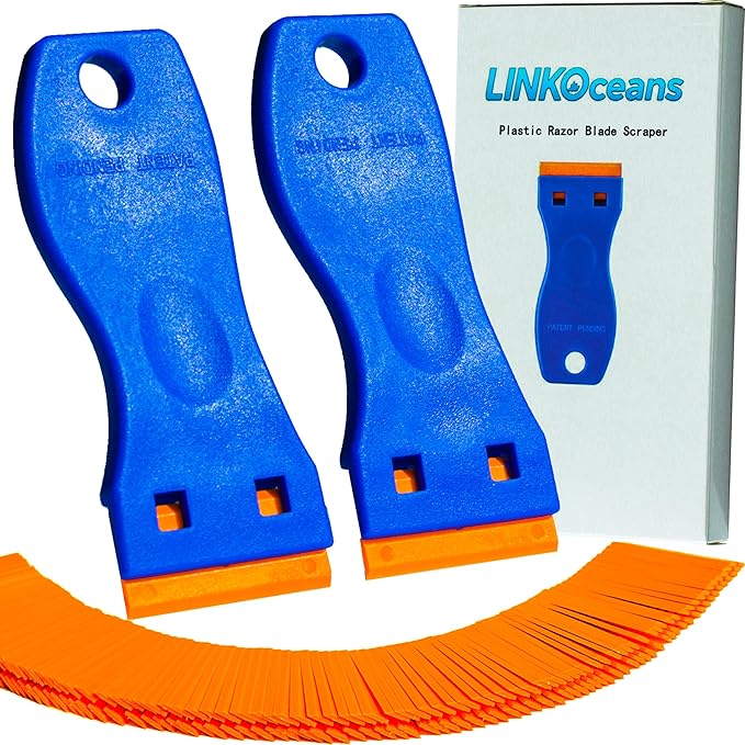 2PCS Plastic Razor Blade Scrapers with 100 Blades â LINKOceans Safe Adhesive Remover for Stickers, Decals, Labels, Caulk & Gaskets on 3D printer beds,Glass,car or Windows Non Scratch Cleaning Tool