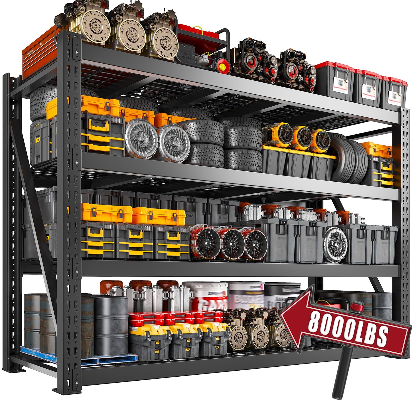 Bepatio 77"W Heavy Duty Garage Shelving, 8000LBS Industrial Storage Shelves, 4 Tier Adjustable Metal Shelving Unit, Large Steel Storage Rack for Basement, Warehouse, Commercial Use, 24"D x 72"H, Black