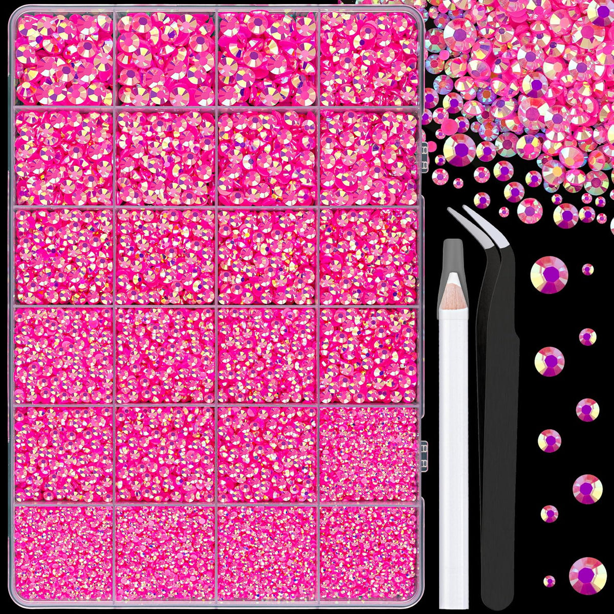 25000Pcs Resin Jelly Rhinestones with Tweezers for Crafting, Hot Pink AB 2-6mm Mixed Sizes Non Hotfix Flatback Gems, Bedazzling Crystal for DIY Crafts Clothing Tumblers Mugs Shoes Decor Nail Art