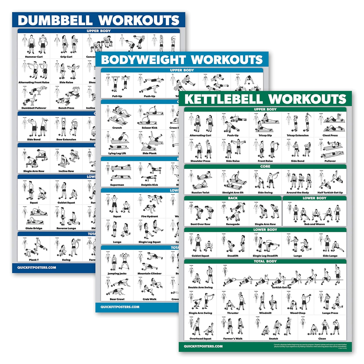QuickFit Set of 3 Dumbbell Training Boards + Kettlebell Exercises + Body Weight Routine Poster, Laminated, 18" x 24"""