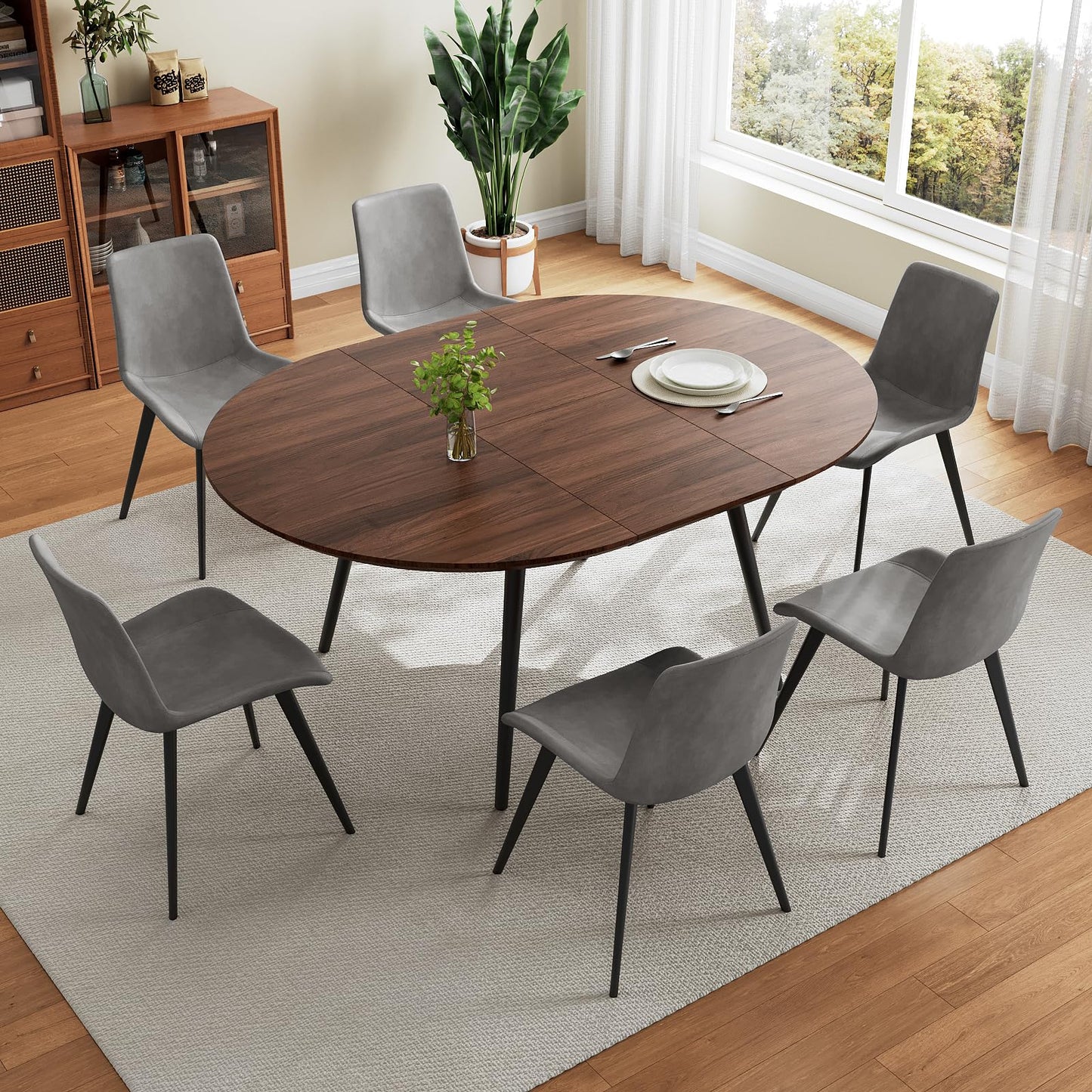 HIPIHOM 43.3"-59.1" Extendable Round Dining Table Set of 6, Mid Century Wooden Round Kitchen Table, Coffee Table for 4-6 Person,6 Gray PU Leather Chair