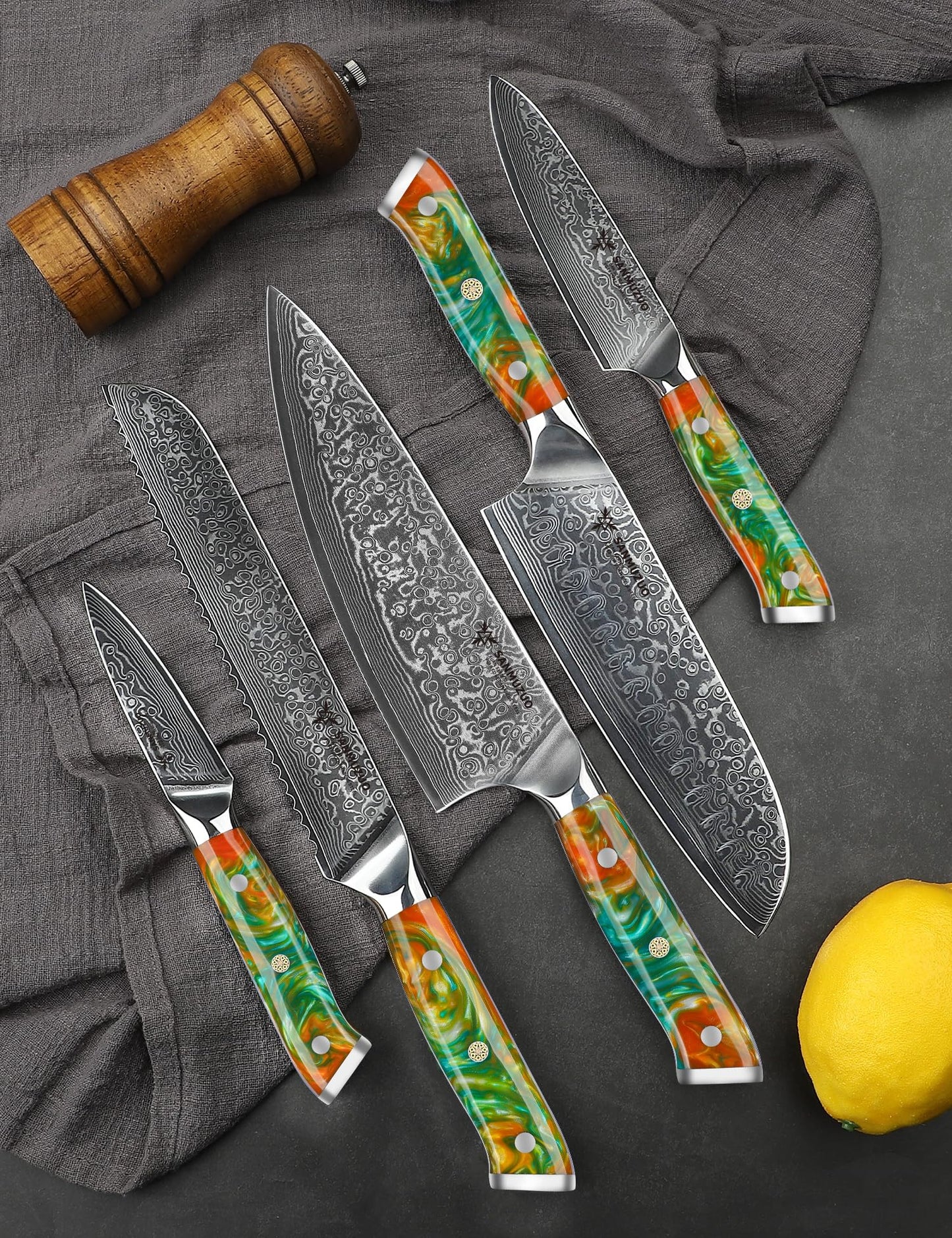 SANMUZUO Chef Cooking Knives Set- Kitchen Knife Set of 5 Piece - Ultra-Sharp VG10 Damascus Steel & Resin Handle - Xuan Series (Fantasy Orange)