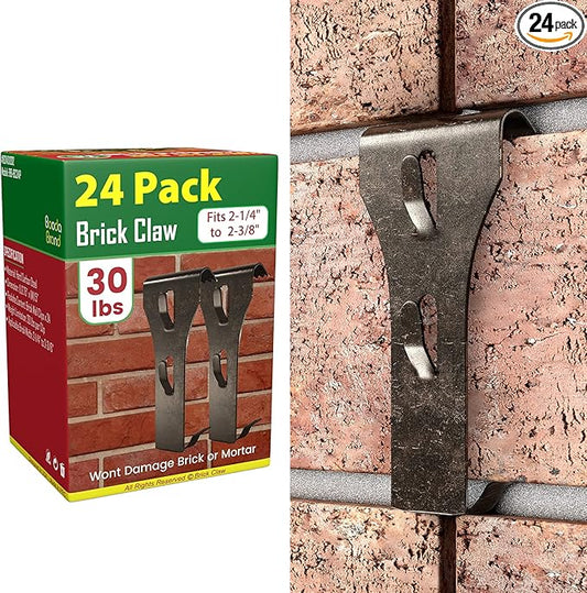 Brick Hook Clips for Hanging Outdoors, Brick Hangers for Brick Wall Hanging No Drill and Nails, Heavy Duty Brick Siding Clips Wall Hangers Fits Standard Brick 2-1/4" to 2-3/8" in Height (24, Standard)