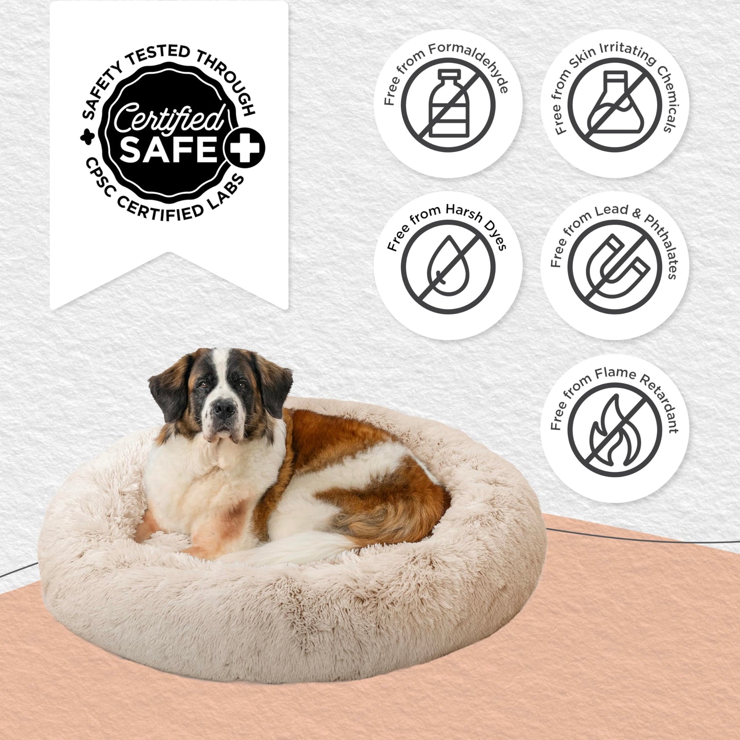 Best Friends by Sheri The Original Calming Donut Dog Bed – Washable Plush Pet Bed for XL Breeds up to 150 lbs, Shag Faux Fur, Taupe, XL (45" x 45")