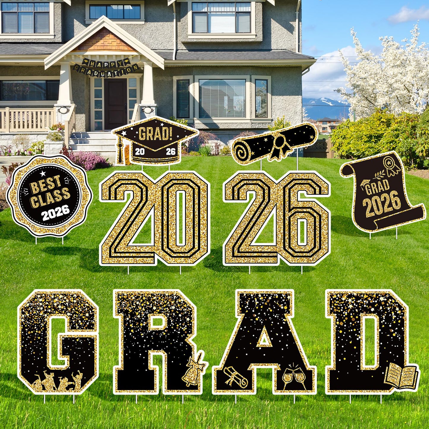 2026 Graduation Decorations Yard Signs â 10PCS Black and Gold Congrats Grad Lawn Decorations with Stakes, Graduation Party Supplies, Large Outdoor Graduation Party Decor for High School & College