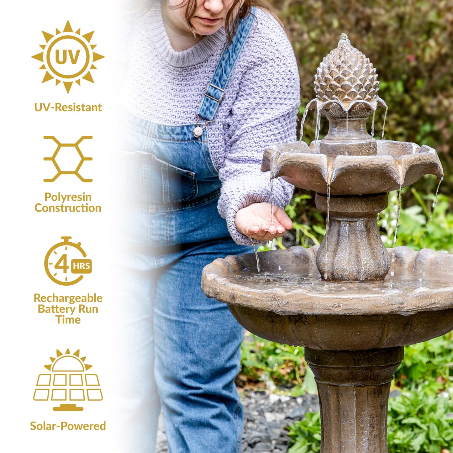 Sunnydaze Pineapple 46-Inch 2-Tier Outdoor Solar Fountain - Decorative Water Fountain with Pump for Garden, Patio, Yard or Balcony - Earth Finish