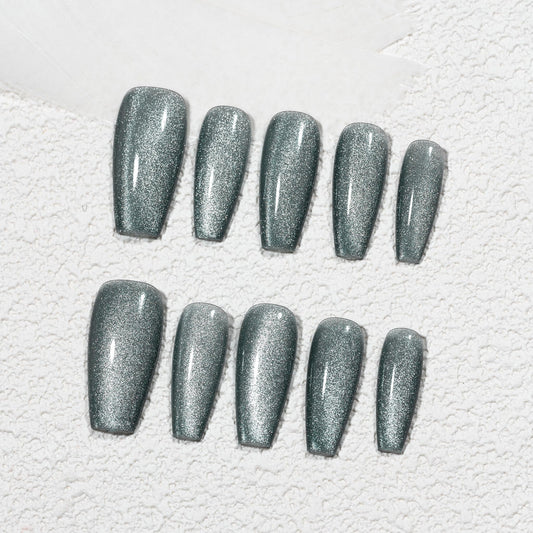 Sun&Beam Nails Handmade Press-on Medium Long Coffin Ballerina Grey Magnet Solid Color Minimalist Design Fashion False Nail Tips 10 Pcs Set (#248 M)