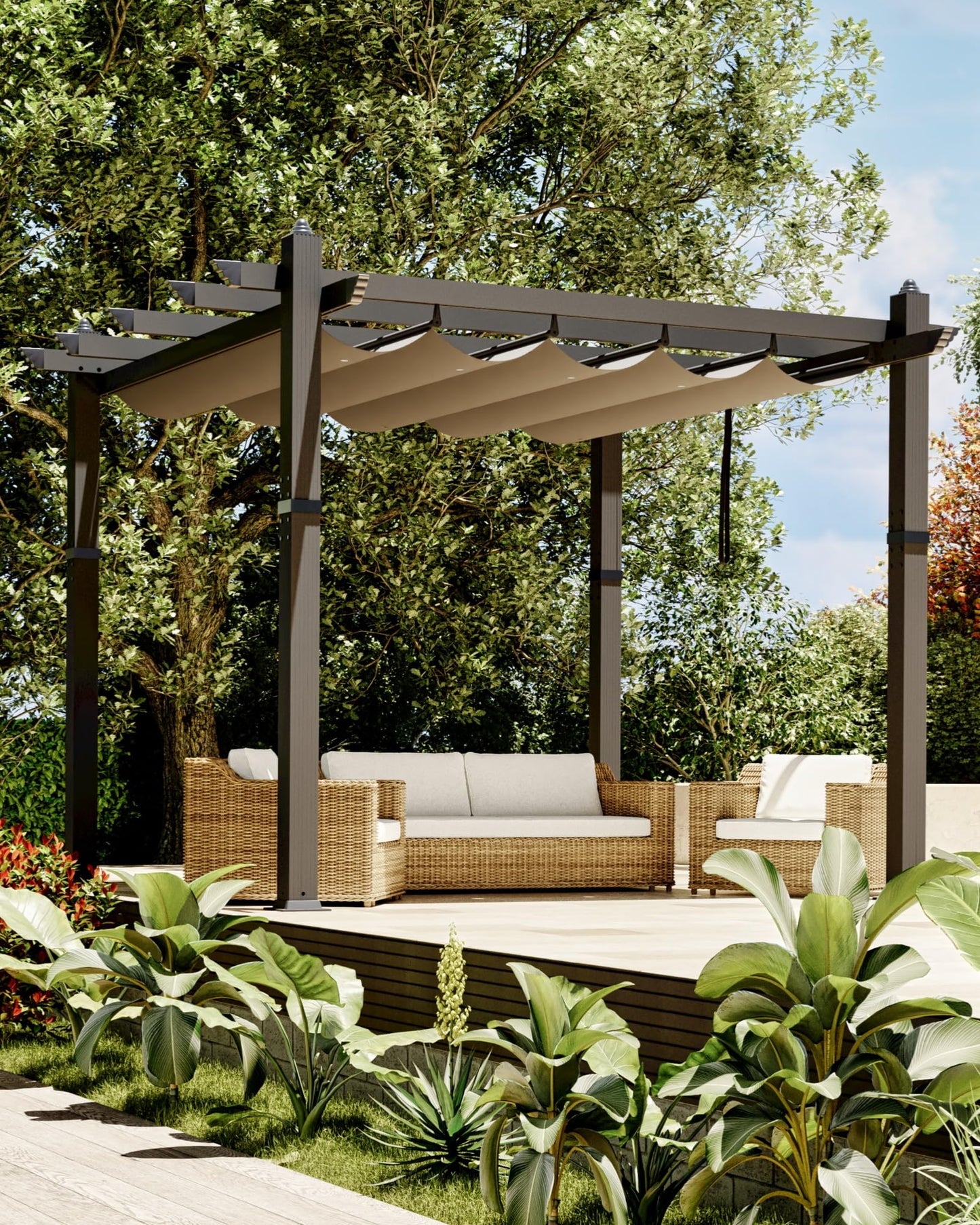 GarveeLife 10x10 ft Aluminum Pergola, Outdoor Metal Pergola with Adjustable Canopy, Reinforced Frame Outdoor Shelter for Backyard, Garden and Deck - Khaki