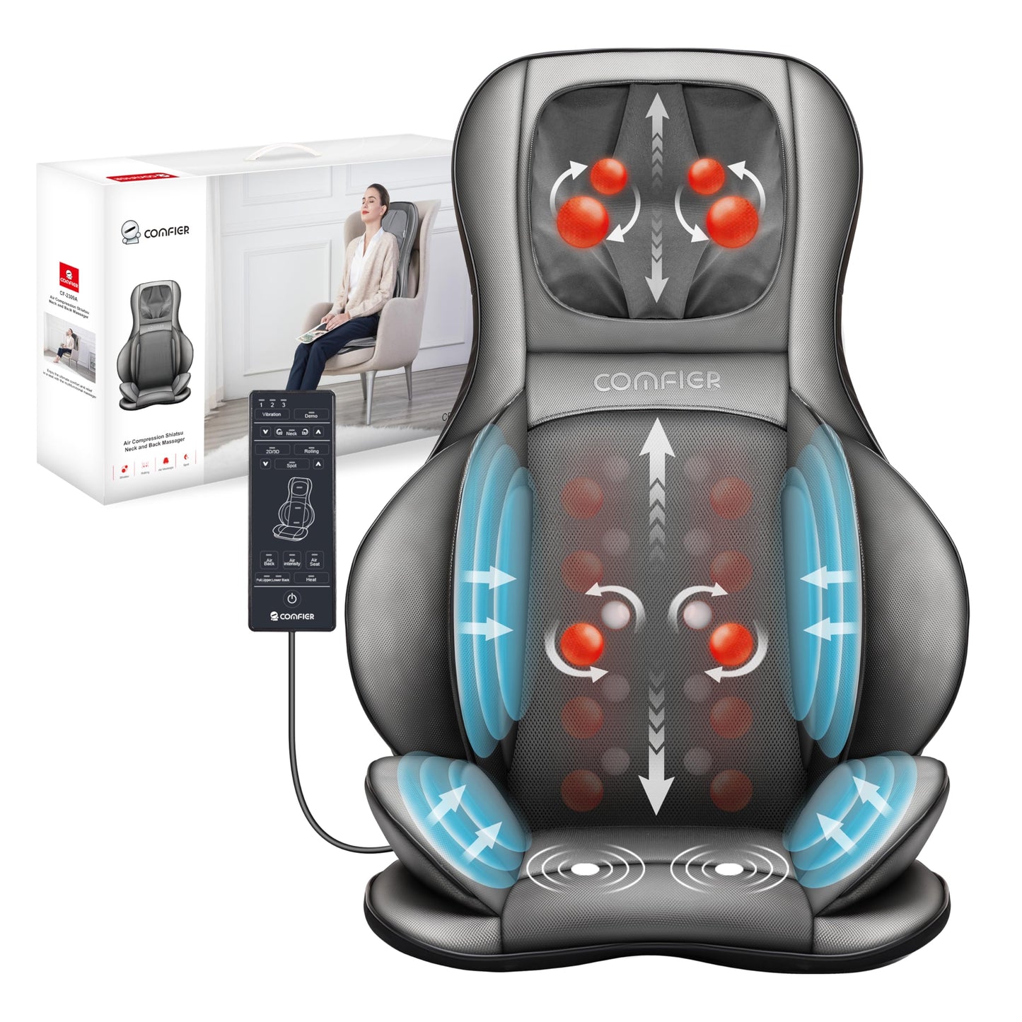 COMFIER Massager Chair with Heat, Shiatsu Neck Back Massager Portable with Compress & Rolling,Massage Chair Pad for Full Back,Neck,Full Body Pain, Gray