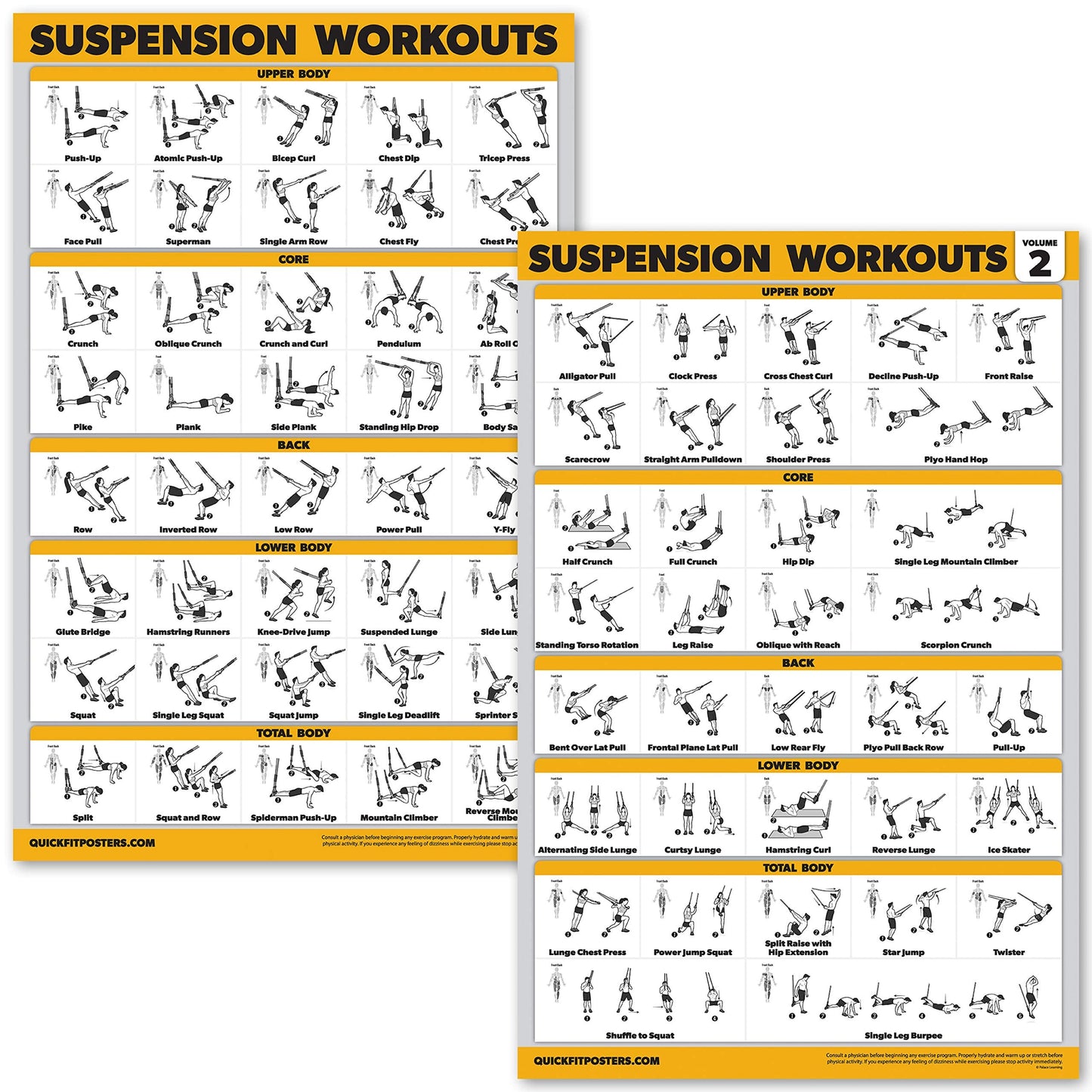 10 Pack - Exercise Workout Poster Set - Suspension Volume 1 & 2, Dumbbell, Kettlebell, Resistance Bands, Stretching, Bodyweight, Barbell, Yoga Poses, Exercise Ball (PAPER - NOT LAMINATED 18" x 24"")"